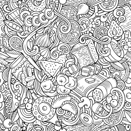 Cartoon cute doodles hand drawn Russian food seamless pattern. Line art detailed, with lots of objects background. Endless funny vector illustration. All objects separate.のイラスト素材