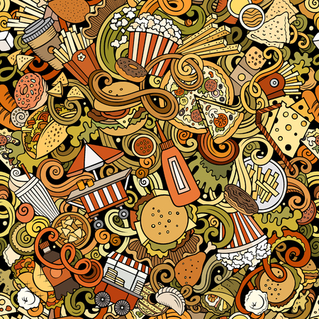 Fastfood hand drawn doodles seamless pattern. Fast food background. Cartoon fabric print design. Colorful vector illustration. All objects are separate.のイラスト素材