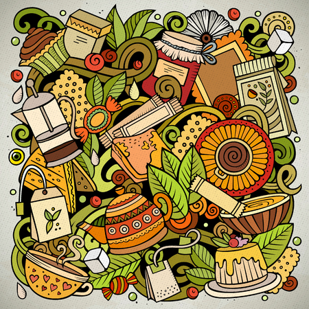 Cartoon vector doodles Tea illustration. Colorful, detailed, with lots of objects background. All objects separate. Bright colors Cafe funny pictureのイラスト素材