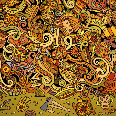 Cartoon cute doodles Africa word. Colorful illustration. Background with lots of separate objects. Funny vector artworkのイラスト素材