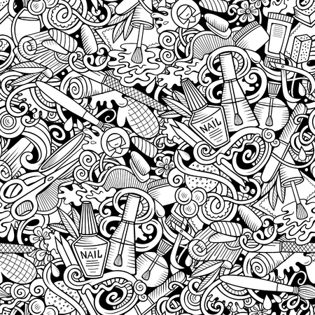 Manicure hand drawn doodles seamless pattern. Nails art background. Cartoon cosmetic fabric print design. Sketchy vector illustration. All objects are separate.のイラスト素材
