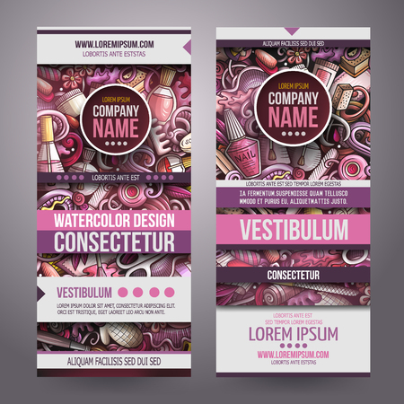 Nail art hand drawn doodle banners set. Cartoon detailed flyers. Manicure identity with objects and symbols. Color vector design elements illustrationのイラスト素材