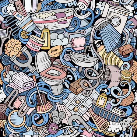 Bathroom hand drawn doodles seamless pattern. WC background. Cartoon fabric print design. Colorful vector illustration. All objects are separate.のイラスト素材