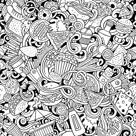 Fastfood hand drawn doodles seamless pattern. Fast food background. Cartoon fabric print design. Sketchy vector illustration. All objects are separate.のイラスト素材