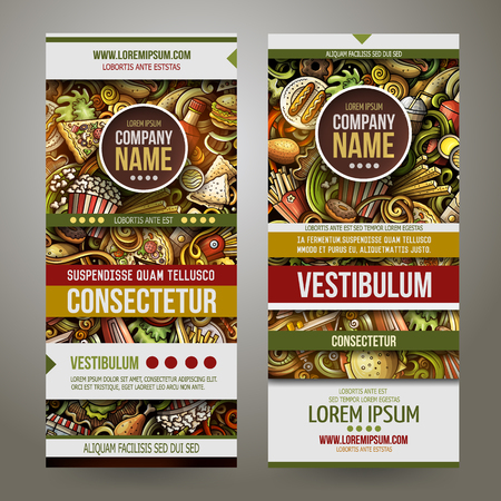 Fast food hand drawn doodle banners set. Cartoon detailed flyers. Fastfood identity with objects and symbols. Color vector design elements illustrationのイラスト素材
