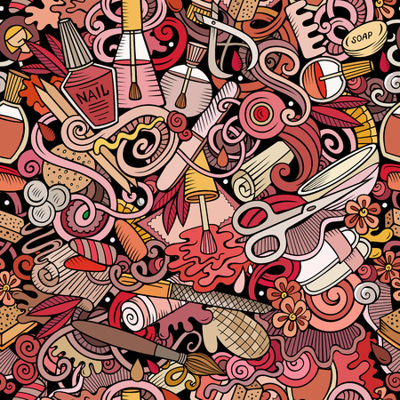 Manicure hand drawn doodles seamless pattern. Nails art background. Cartoon cosmetic fabric print design. Colorful vector illustration. All objects are separate.のイラスト素材