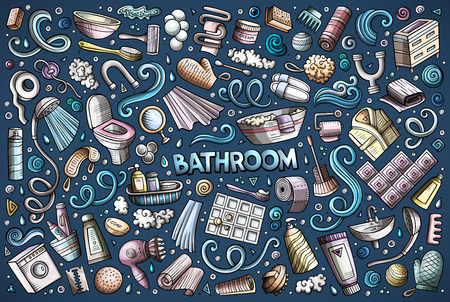 Vector colorful hand drawn doodle cartoon set of Bathroom objects and symbolsのイラスト素材