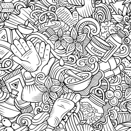 Massage hand drawn doodles seamless pattern. Spa therapy background. Cartoon relax fabric print design. Line art vector illustration. All objects are separate.のイラスト素材