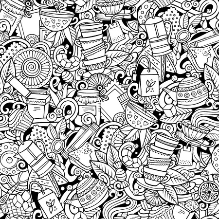 Cartoon cute doodles hand drawn Tea House seamless pattern. Line art detailed, with lots of objects background. Endless funny vector illustration. All objects separate.のイラスト素材