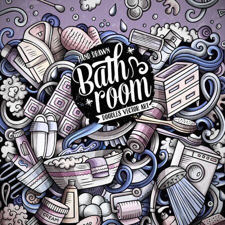 Bathroom hand drawn vector doodles illustration. Bath room frame card design.のイラスト素材