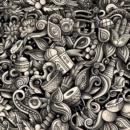 India culture hand drawn doodles seamless pattern. Indian backgraundのイラスト素材