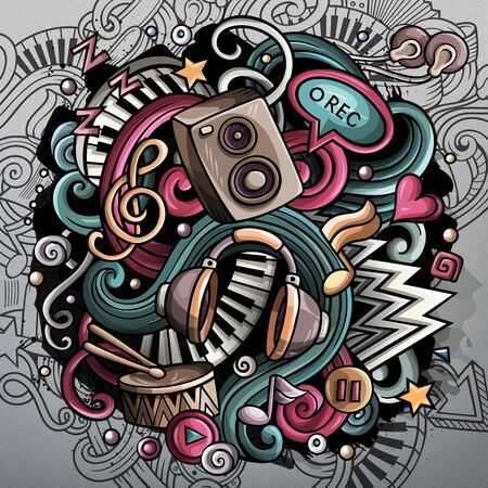 Cartoon cute doodles hand drawn Music illustration. Funny raster artworkの写真素材