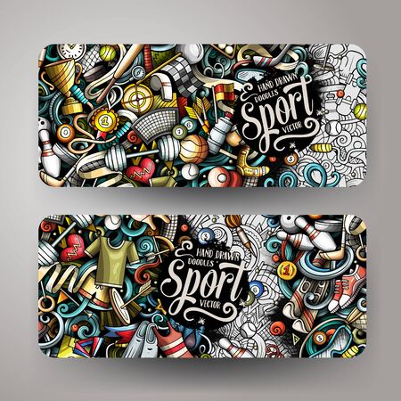 Sports hand drawn doodle banners set. Cartoon detailed flyers.のイラスト素材