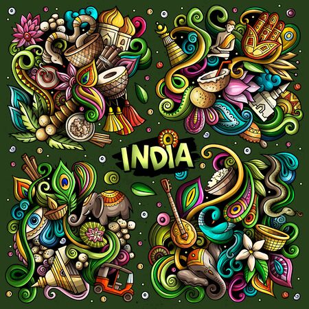 Colorful vector hand drawn doodles cartoon set of India combinations of objects and elements. All items are separateのイラスト素材