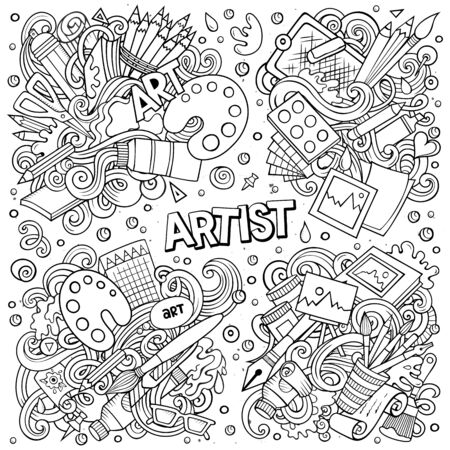 Line art vector hand drawn doodles cartoon set of Artist combinations of objects and elements. All items are separate