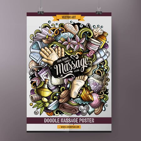 Massage hand drawn doodles illustration. Spa salon objects and elements posterのイラスト素材