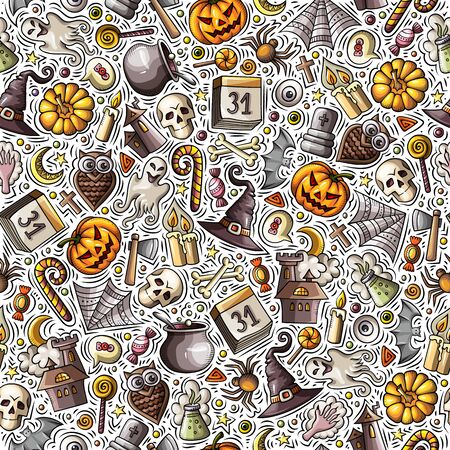 Cartoon cute hand drawn Halloween seamless patternの写真素材