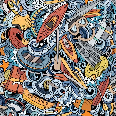 Cartoon cute doodles hand drawn water extreme sports seamless pattern. Colorful detailed, with lots of objects active lifestyle background. Endless funny vector illustration. All objects separate.のイラスト素材