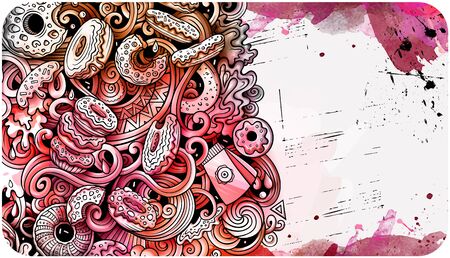 Donuts hand drawn doodle banner. Cartoon detailed illustrations.のイラスト素材
