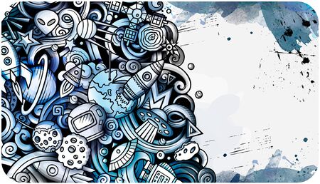 Space hand drawn doodle banner. Cartoon detailed illustrations.のイラスト素材
