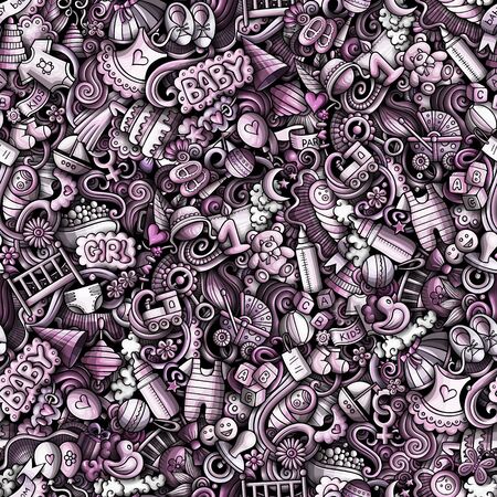 Cartoon cute doodles hand drawn Baby seamless pattern.のイラスト素材