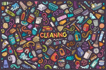 Colorful vector doodle cartoon set of Cleaning objects and symbolsのイラスト素材