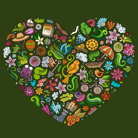 Colorful vector hand drawn set of Spring cartoon doodle objectsのイラスト素材