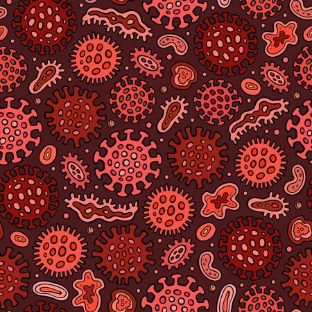 Virus and bacteria hand drawn doodles seamless pattern. Coronavirus background.のイラスト素材
