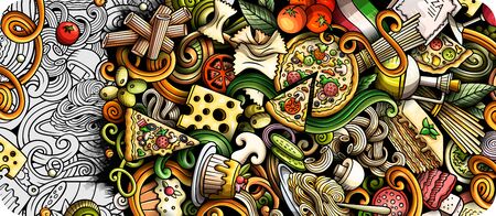 Italian food hand drawn doodle banner. Cartoon detailed flyer.のイラスト素材