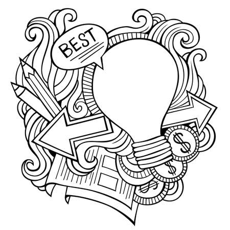 Idea hand drawn cartoon doodles illustration. Funny design. Creative art vector background. Sketchy compositionのイラスト素材