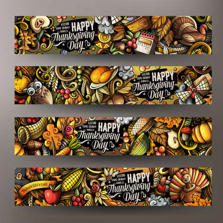 Thanksgiving day doodle banners design. Cartoon background. Harvest flyers templates. Color vector celebration illustrationsのイラスト素材