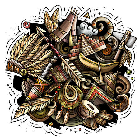 Native American cartoon vector doodle design. Colorful detailed composition with lot of ethnic objects and symbols. All items are separateのイラスト素材
