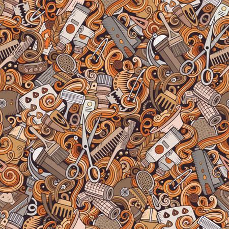 Hair Salon hand drawn doodles seamless pattern. Hairstyle background. Cartoon hairdressing fabric print design. Colorful vector barbershop illustrationのイラスト素材