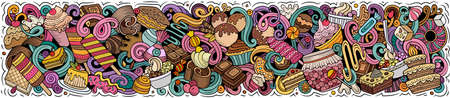 Sweets hand drawn cartoon doodles illustration. Desserts funny objects and elements poster design. Creative background. Colorful vector bannerのイラスト素材