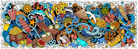 Summer beach hand drawn cartoon doodles illustration. Summertime funny objects and elements poster design. Creative background. Colorful vector bannerのイラスト素材