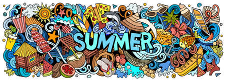 Summer beach hand drawn cartoon doodle illustration. Funny seasonal design. Creative art vector background. Handwritten text with summertime elements and objects. Colorful compositionのイラスト素材