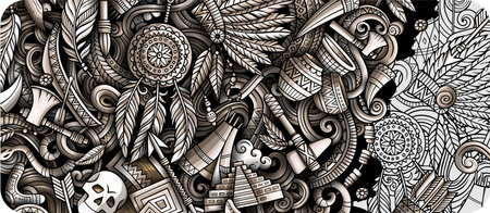 Native American hand drawn doodle banner. Cartoon vector detailed flyer. Illustration with ethnic objects and symbols. Graphics horizontal backgroundのイラスト素材
