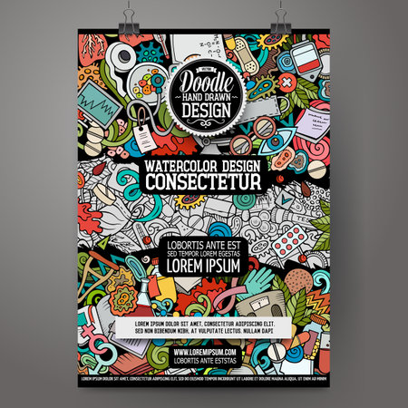 Cartoon vector doodle Medicine poster template. Corporate identity for the use on invitations, placards, cards, presentations. Funny colorful and line art designのイラスト素材