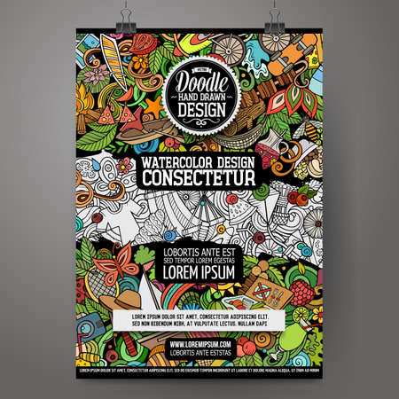 Cartoon vector doodle Summer poster template. Corporate identity for the use on invitations, placards, cards, presentations. Funny colorful and line art designのイラスト素材