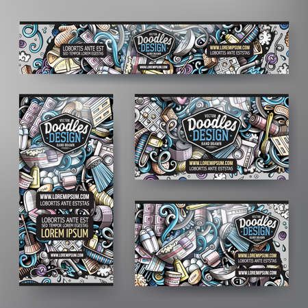 Cartoon vector doodle set of Bathroom corporate identity templates. Colorful funny banners, id cards, flayer for the use on branding, invitations, cards, apps, web design.のイラスト素材