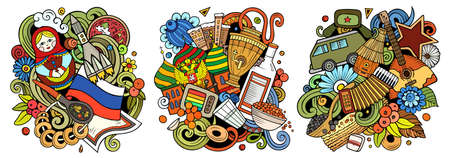 Russia cartoon vector doodle designs set. Colorful detailed compositions with lot of traditional symbols. Isolated on white illustrationsのイラスト素材
