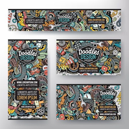 Corporate Identity vector templates set design with doodles hand drawn Automotive theme. Colorful banner, id cards, flayer design. Templates setのイラスト素材