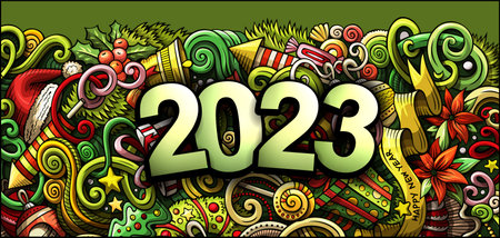 2023 doodles horizontal illustration. New Year objects and elements bannerのイラスト素材