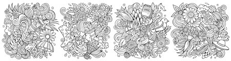 Spring cartoon vector doodle designs set. Line art detailed compositions with lot of seasonal objects and symbolsのイラスト素材