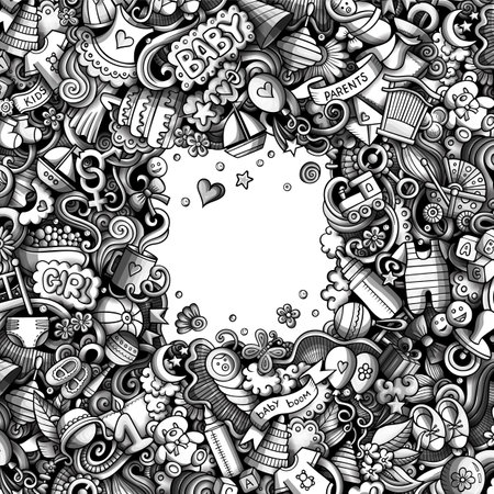 Baby vector doodles border illustration. Child frame design. Newborn elements and objects cartoon background. Graphics funny pictureのイラスト素材