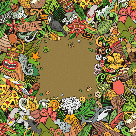 Hawaii cartoon vector doodles frame. Hawaiian border design. Tropical elements and objects background. Bright colors funny picture. All items are separatedのイラスト素材