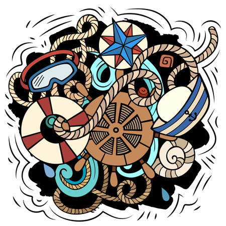 Nautical cartoon vector illustration. Colorful detailed composition with lot of Marine objects and symbols. All items are separateのイラスト素材