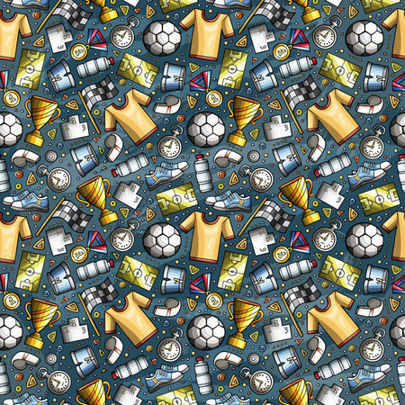 Cartoon cute Sport seamless pattern. Colorful detailed, with lots of objects background. Endless funny vector illustrationのイラスト素材