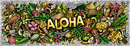 Aloha Hawaii doodle cartoon funny bannerのイラスト素材
