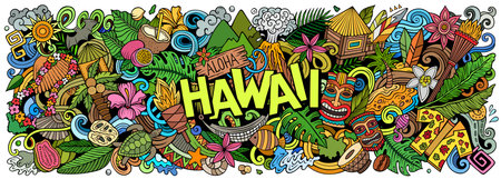 Vector illustration with Aloha Hawaii theme doodles. Vibrant and eye-catching banner design, capturing the essence of Hawaiian culture and traditions through playful cartoon symbolsのイラスト素材